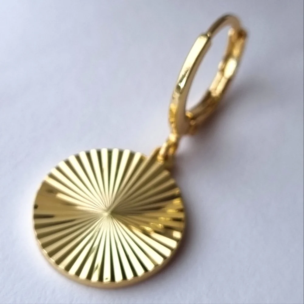 Earrings | Gold Toned | Round, Textured Sunburst | Huggies Hoop Drop Style. ๐ - Picture 9 of 16